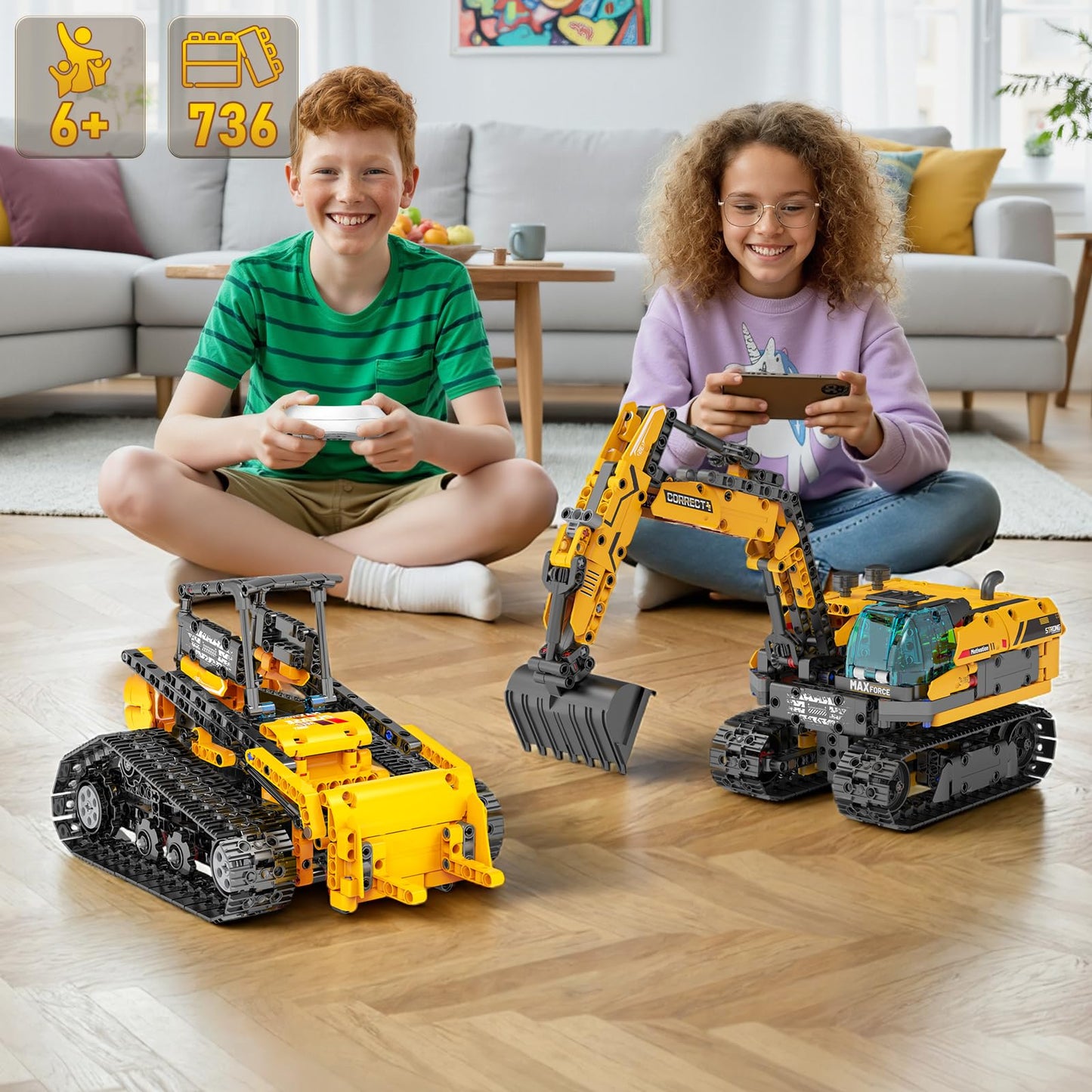 5in1 STEM Robot Building Toys for Kids 6-12, App & Remote Control STEM Excavator Bulldozer Crane Robot Building Kits, 736PCS DIY Educational Construction Building Sets, Erector Set Gift for Boys Girls