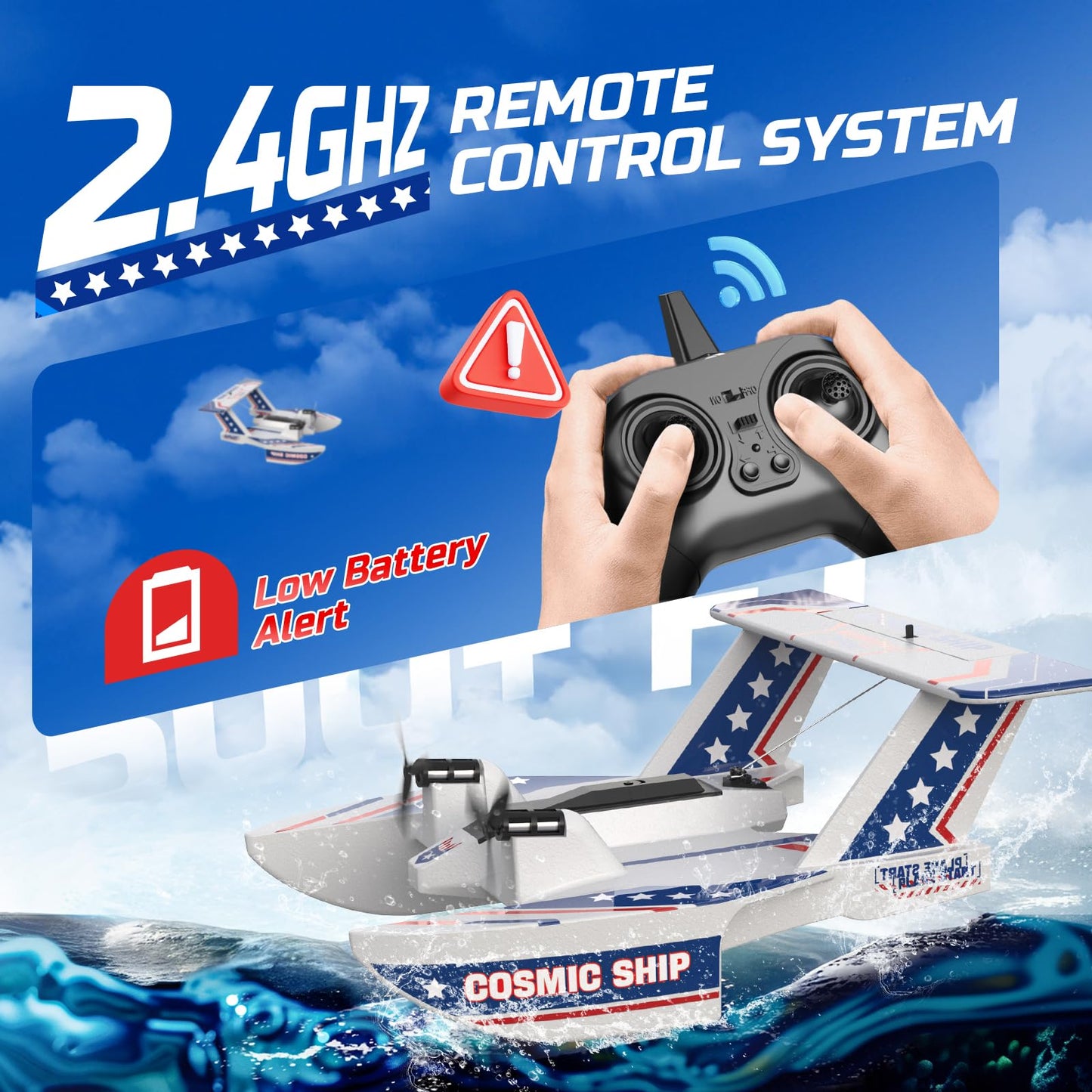 DEERC 3CH Amphibious RC Plane for Water, Land & Air, Remote Control Airplane Flying Boat Toys,2.4GHz 6-axis Gyro Stabilizer RTF Glider Aircraft Jet for Kids Adults Beginners Boys