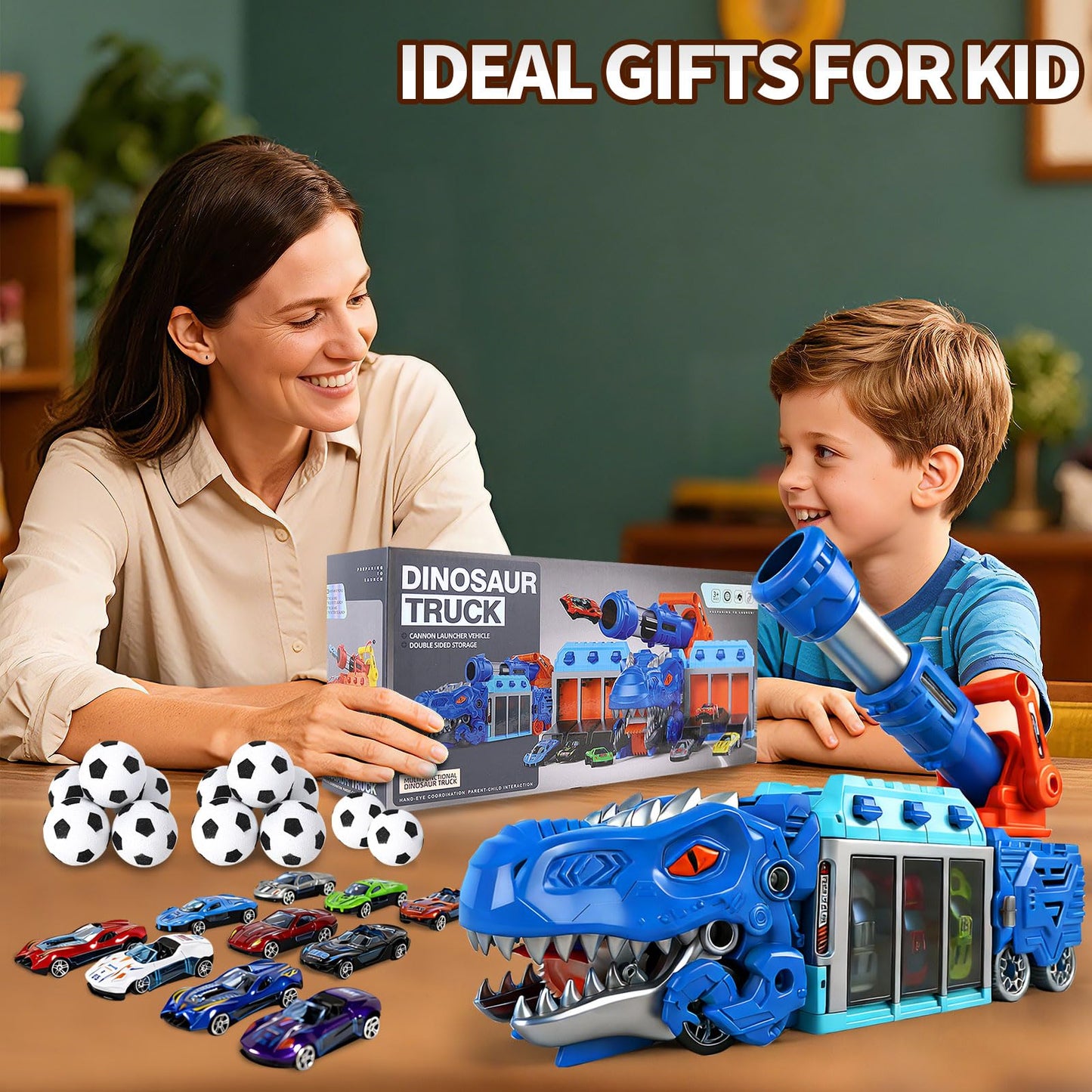 Dinosaur Truck Car Toy for Kids 3-12, Foldable Dino Truck Toys with 10 Mini Carts, 12 Soft EVA Balls, Tyrannosaurus Rex Playset for Boys, Ejection Shooting Game Play, Birthday Gifts for Kid 3 4 5 6