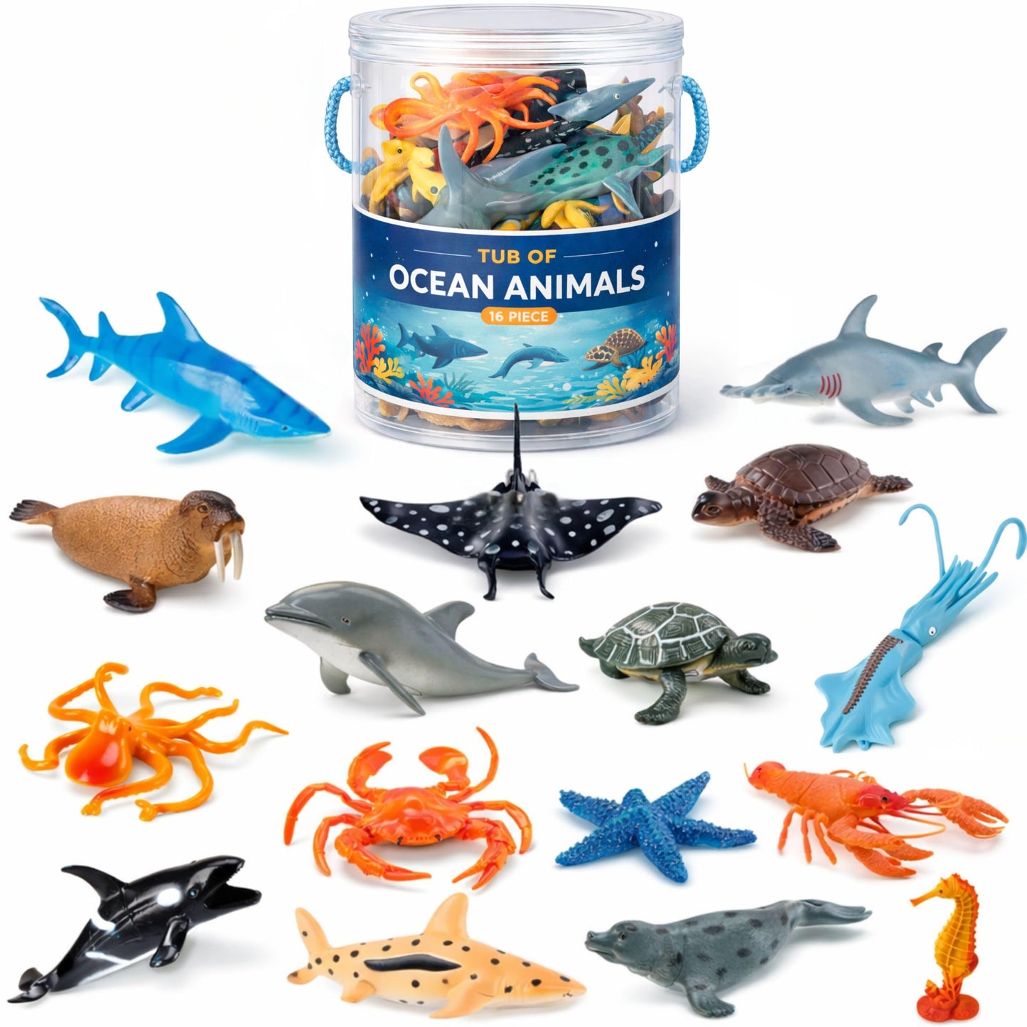 Liberty Imports Bucket of Ocean Sea Animals Toys - 16 PCS Large Underwater Deep Sea Creaures, Realistic Soft Plastic Marine Educational Toy Figures Playset for Toddlers, Kids