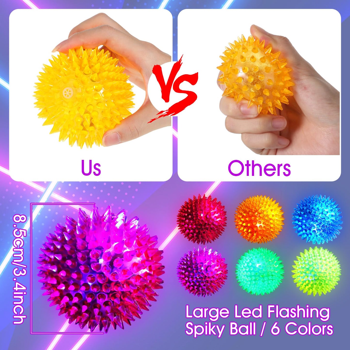 Liliful 16 Pcs 16/30/60 Pcs Large Light up Bouncy Balls 3.4 Inch LED Rubber Ball Spiky Flashing Lights Holiday Blinking Sensory Bouncy Flash Stress Ball for Adults, Pets, Party Favors, Christmas