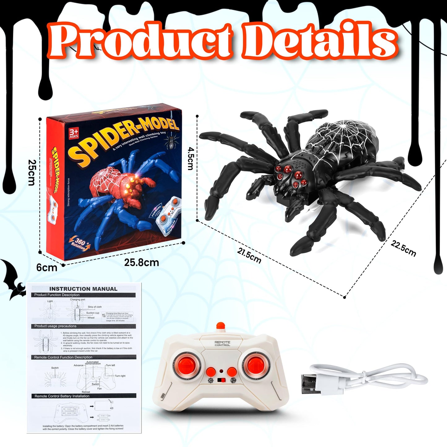 Nurcazo Remote Control Spider, Wall Climbing Spider with LED Red Eyes, Climbs Smooth Walls & Ceilings, RC Creepy Crawly Spider for Kids 3+ (No Assembly), Indoor Halloween Christmas Birthday Gift