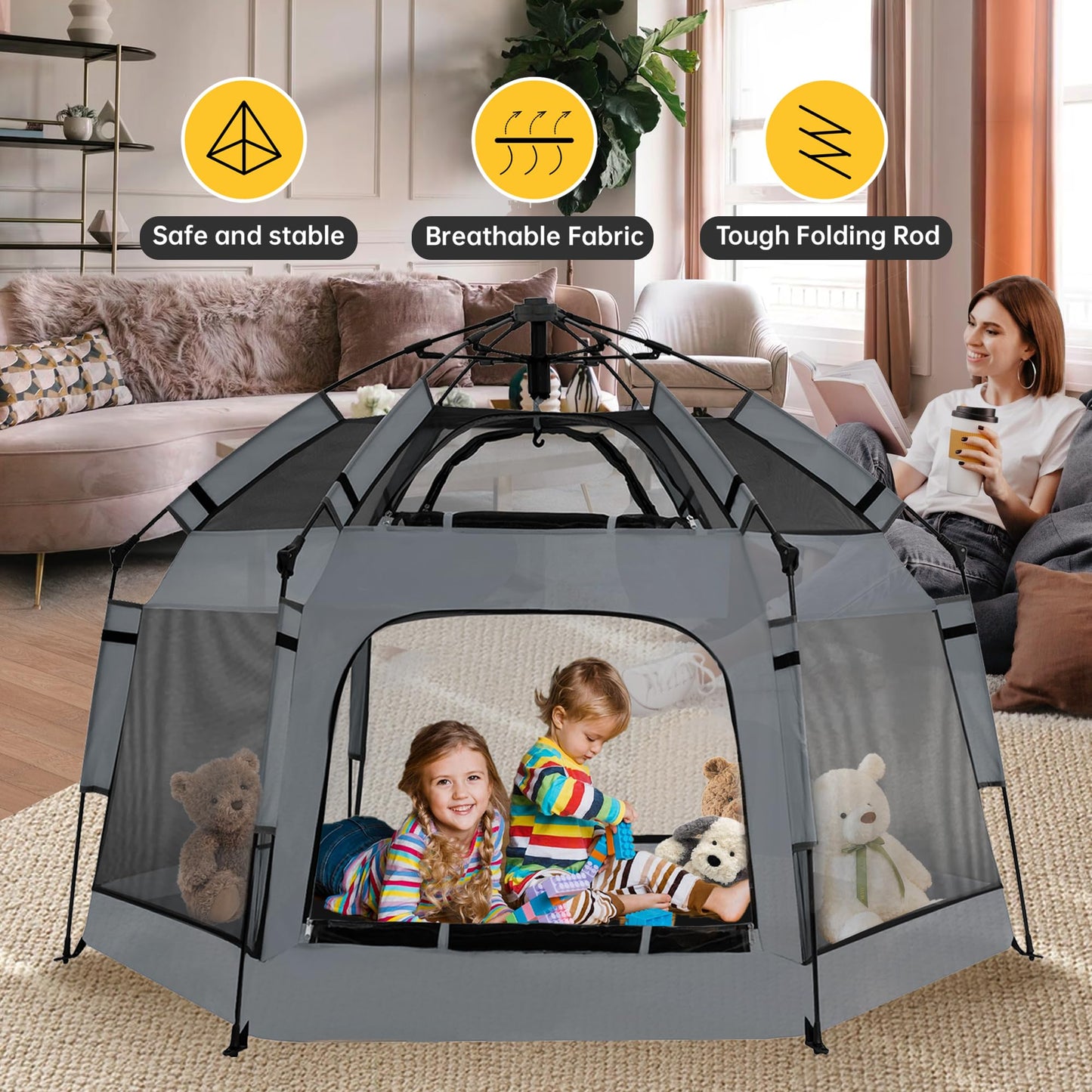Instant Pop Up Baby Playpen with UV Canopy & Safety Lock, Portable Outdoor Beach Tent Play Yard for Toddlers, Breathable Mesh & Carry Bag, Indoor & Backyard Use (Grey)