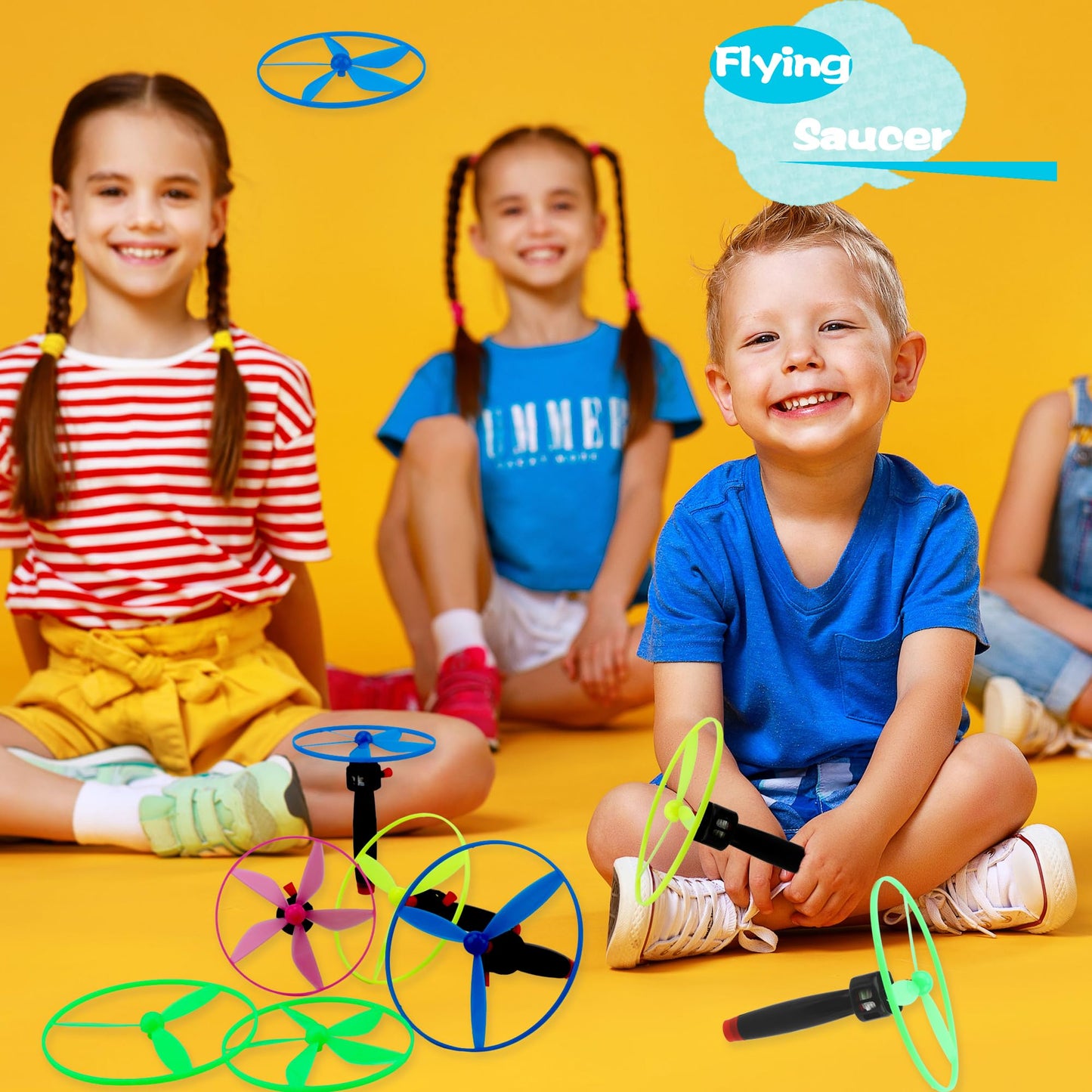 Octaday 48 Pcs Flying Saucer Flying Disc Toy Helicopter Toy Disco Flyers Include 16 String Launchers and 32 Flying Saucer for Kids Outdoor Games Birthday Favors, Random Colors
