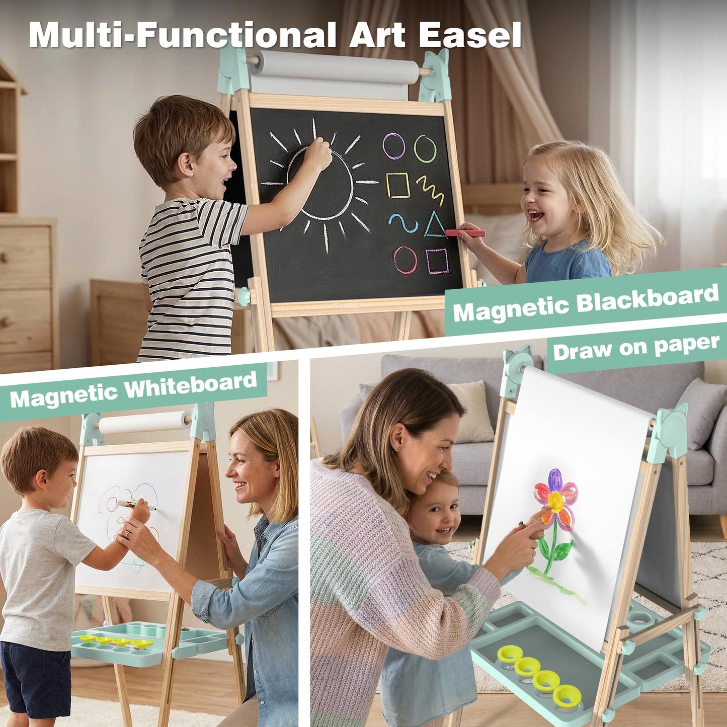 JOYOOSS Easel for Kids Ages 4-8 Easels for Toddlers Art Kids Easel Age 8-12 Wooden Drawing Easels Double-Sided Magnetic Whiteboard Chalkboard with Paper Roll for Kid Dry Erase Board Green