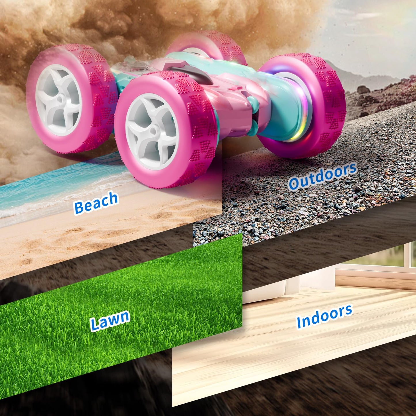 Zalneo RC Car Pink 4WD Remote Control Car 360° Flip Double‑Sided LED Light Bar & Quick‑Swap USB‑C Modular Battery, 2.4 GHz No‑Interference Popular Outdoor Beach Toy, Popular Gift for Girls Ages 6‑12