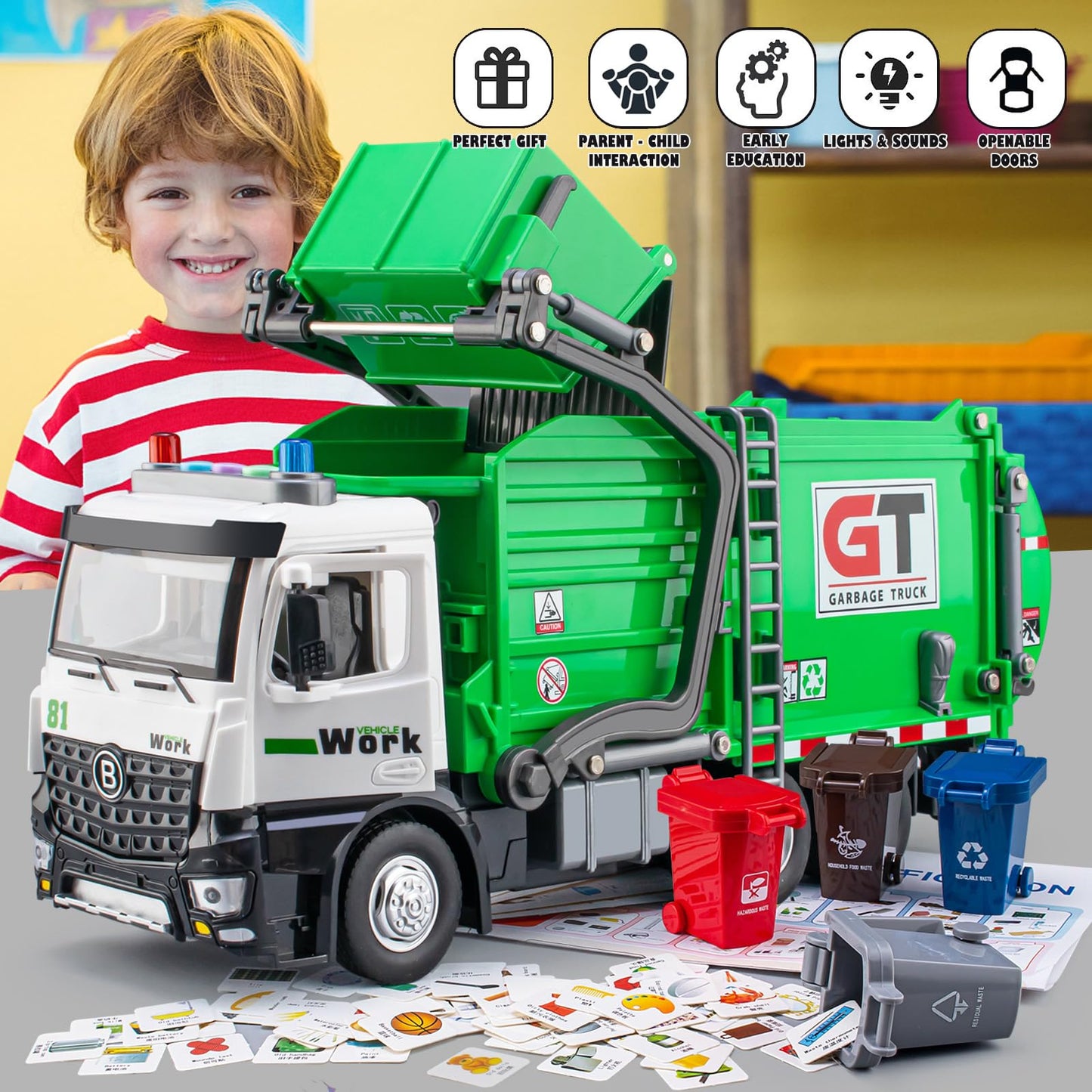 TAKGUD Garbage Truck Toys for Boys, 12" Big Trash Truck with Lights and Sounds, Friction Powered Waste Management Recycling Toy Set with 4 Trash Cans and Sorting Cards, Gift for Kids