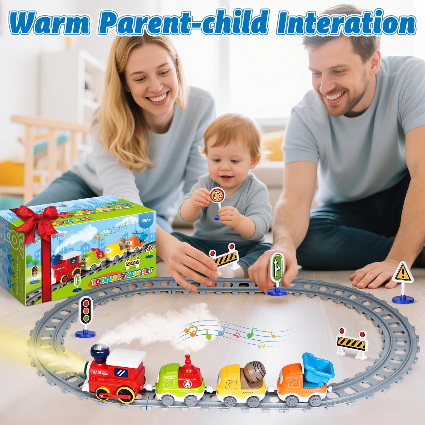 Train Set for Toddlers w/Steam, Sound & Lights, Toddler Toys for Age 2-4, Electric Train Set with Tracks Road Signs, Magnetic Train Toys Christmas Birthday Gifts for 2 3 4 5 Year Old Boys & Girls