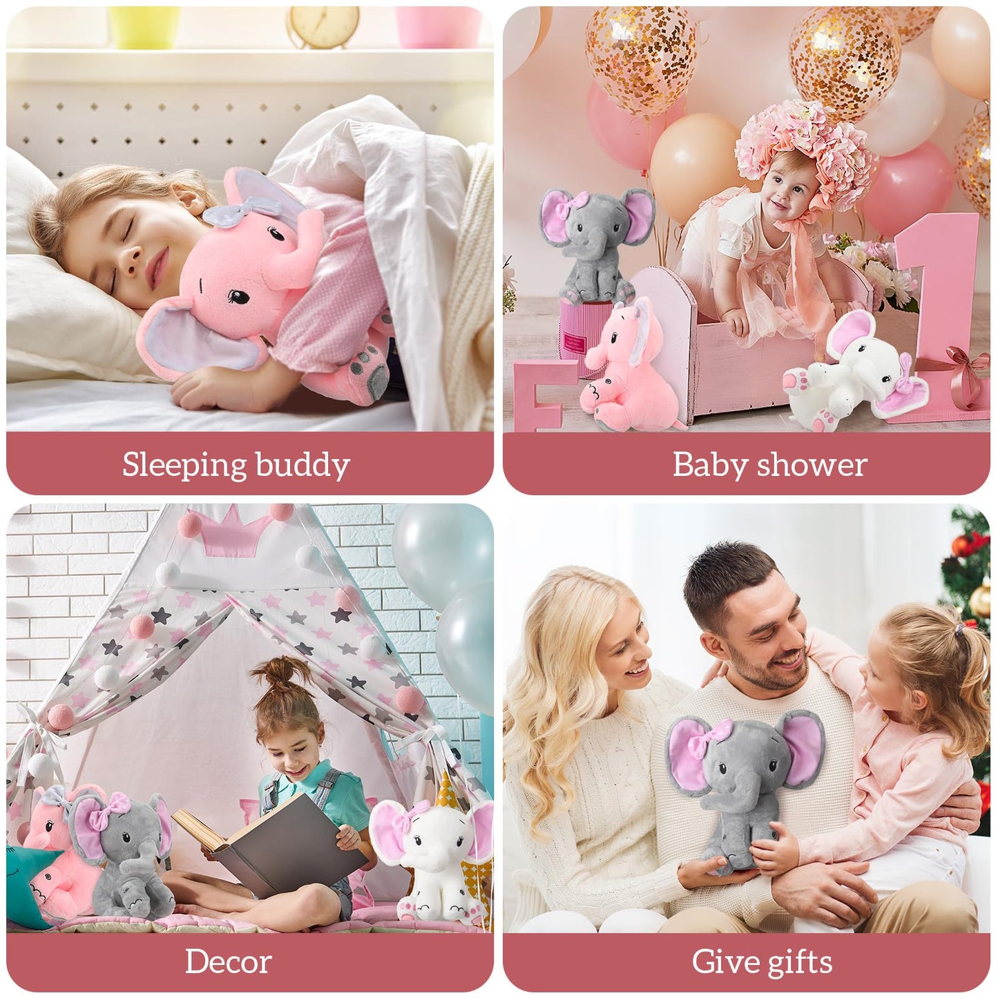 HyDren 12 6 Pieces Elephant Stuffed Animals 8 Inch Big Ear Stuffed Elephant Animal Plush Toy Gift for Baby Shower Boys Girl, Woodland Nursery Bed Decor Birthday Party Supplies (Pink)