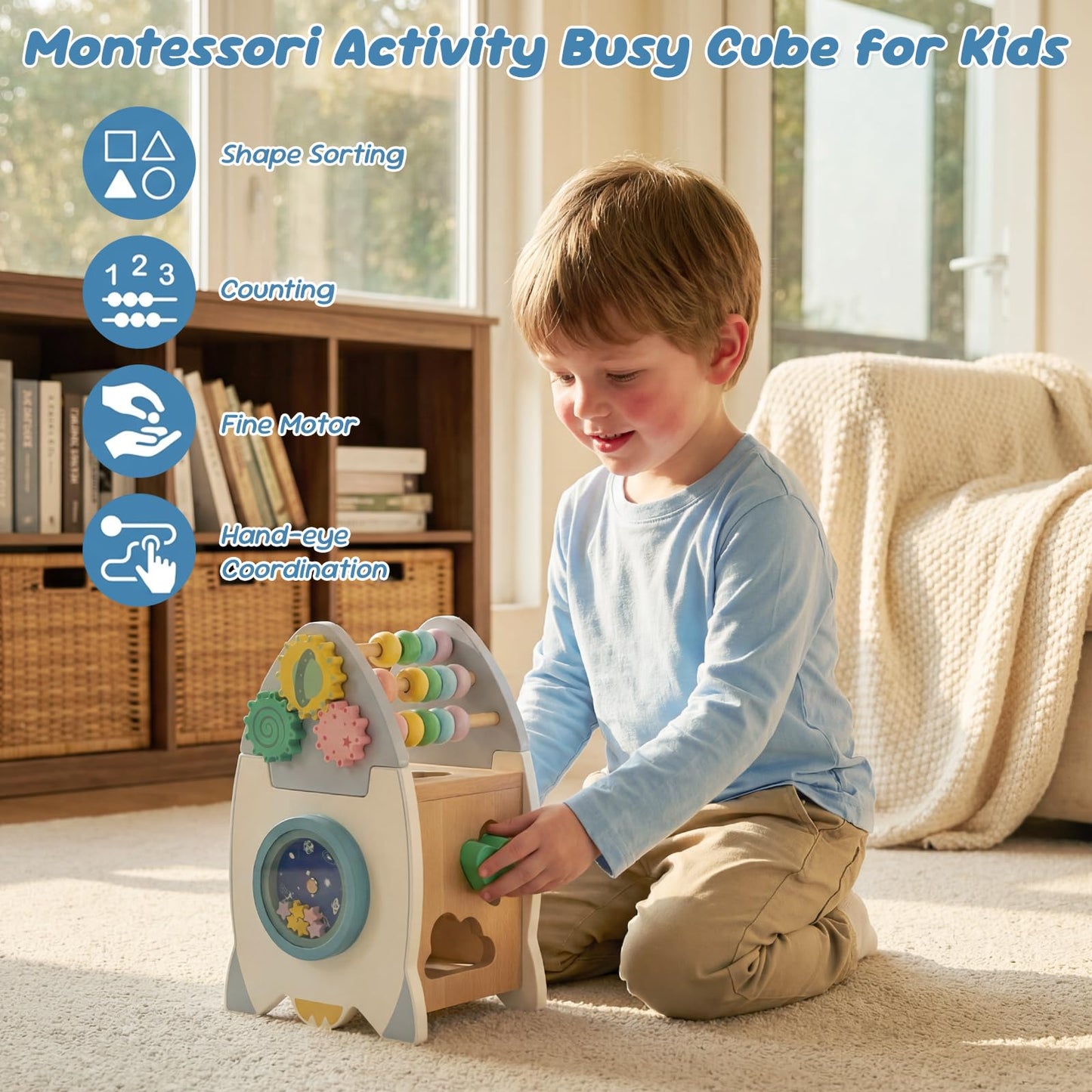 Wooden Space Toys for Baby, Wood Activity Cube Montessori Toys for 1 2 3 Years Old Boys Girls Birthday Gifts