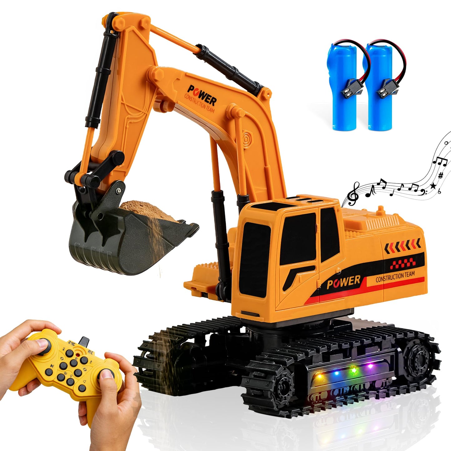 SANGQAOFU Remote Control Excavator Toy 12-Channel Mini RC Excavator with 2 Batteries & Metal Bucket Lights Sounds RC Digger Construction Vehicles Toys for Boys 3+ Years Old
