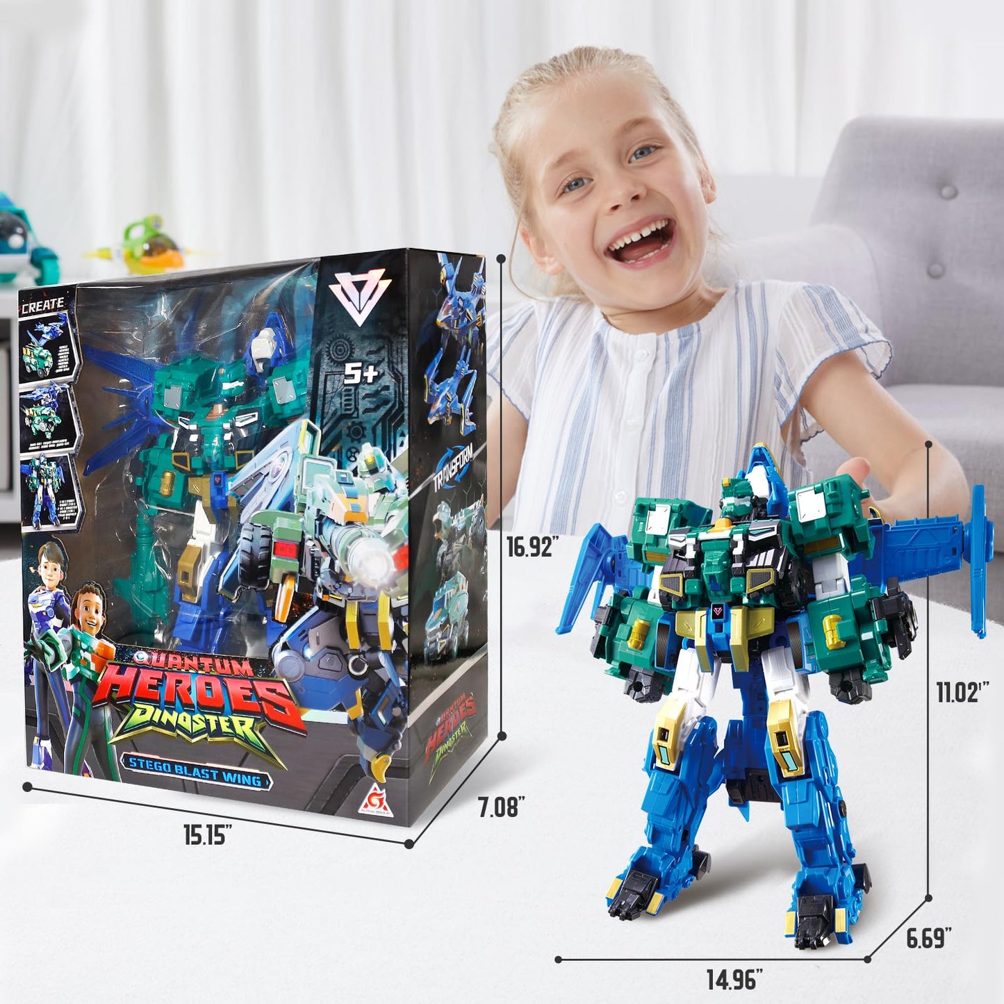 QUANTUM HEROES DINOSTER Transformable Robot 3 in 1 Stego Blast Wing, 11.81 Inches, Transforming Toys for Kids, Chariot Toys, Dinosaur Robot for Boys Girls 5 6 7 8 9 10 Years Old