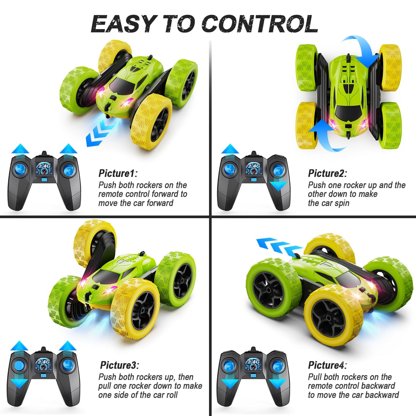 QUNREDA Remote Control Car, RC Car Toys for 6-12 Year Old Boys, Off Road RC Stunt Car 4WD 360° Rotating Remote Control Car for Kids, Boys Girls Gifts for Birthday, Christmas Yellow&Green
