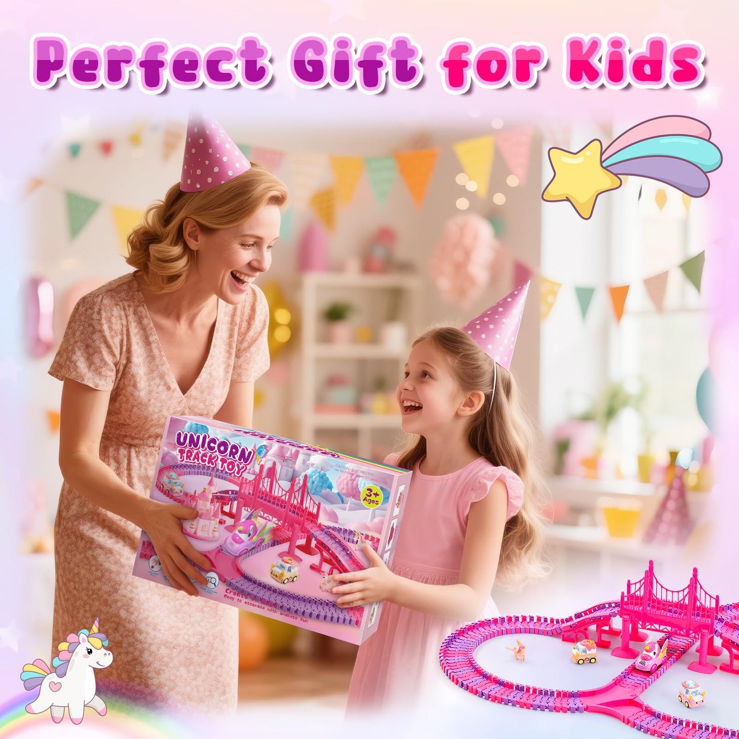 Aetyni Unicorn Toys Car Track for Kids Girls 4-6: 232 PCS Unicorn Monster Truck Race Track with 2 Pull Back Cars Toys for 3 4 5 6 7 Year Old Girl Toddler Christmas Birthday Gifts for Girl 3-5 6-8