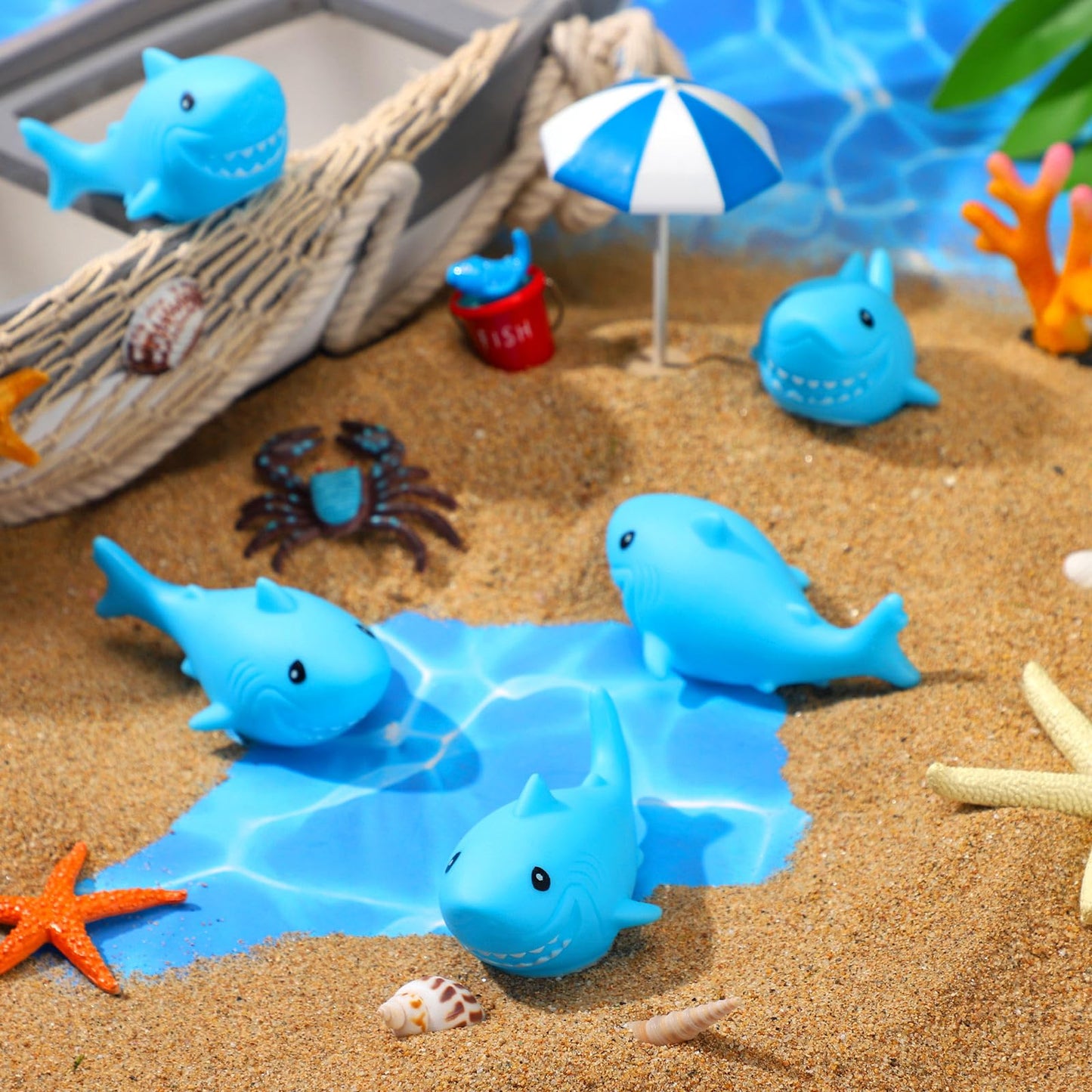 Shappy 30 Pcs Rubber Sharks Luminous Blue Squeezable Bath Toys Floating Cute Squeak Shark Favors Safe for Classroom Carnival Prizes Birthday Tub Party Ornament Pool Fillers