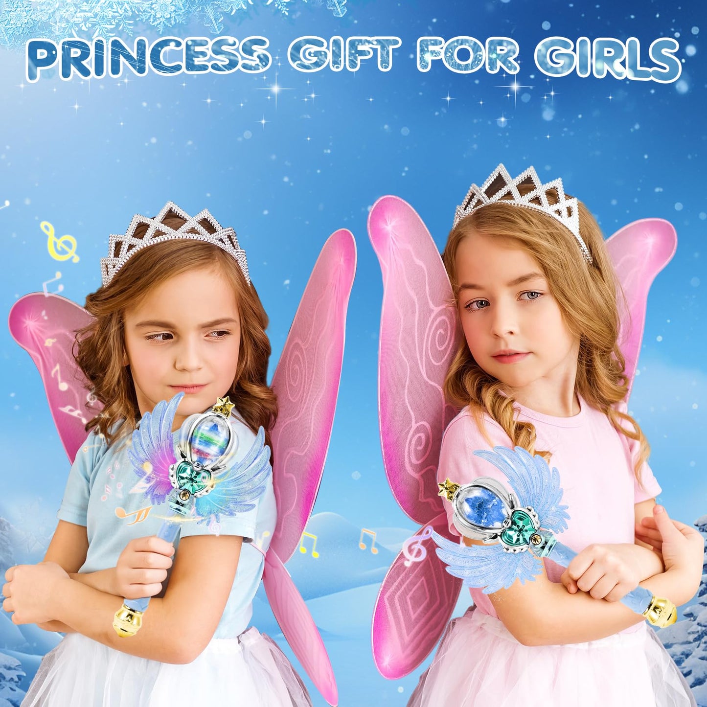 EnchantZone Light Up Snowflake Wand with Spinning LEDs and Sound Magic Princess Toys for Kids Girls Birthday Cosplay Party Favors, Blue