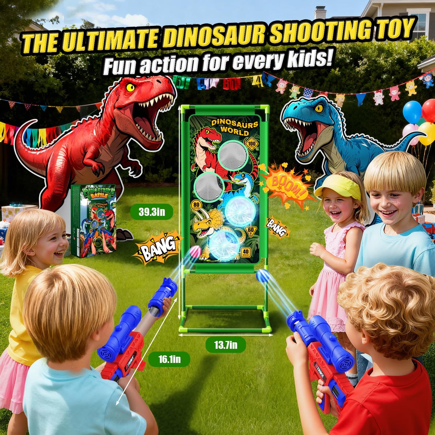 Dinosaur Shooting Game Toys, 2 Air Pump Launcher with Aiming Fun, 3 Dinosaur Theme & 4 Target Score Points, 24 Foam Balls, Indoor Outdoor Toy Gift for Kid Boy 3 4 5 6 7 8 9 10 11 12 Year Old Age 3-12
