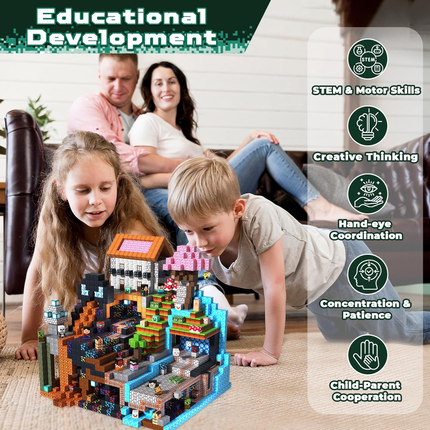 300PCS Magnetic Blocks - Magnet Building Blocks, Stacking Magents Cubes Toys Adventure Set Theme, STEM Montessori Sensory Toys for Kids Boys and Girls Ages 3 4 5 6 7 8 9 10 Easter Birthday Gifts