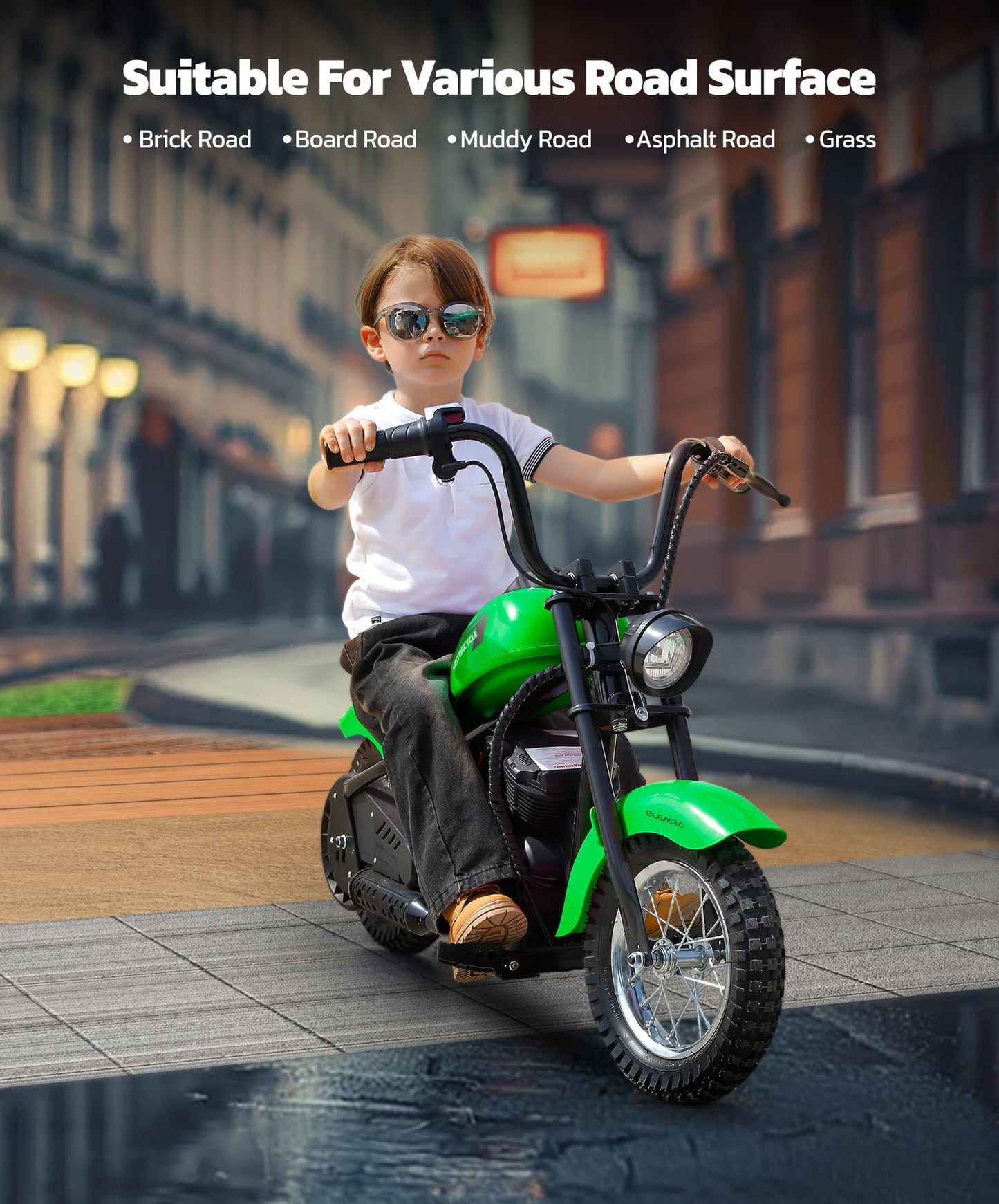 ELEMARA Electric Dirt Bike, 15 mph & 150lb Max, 24V Ride on Toy for Big Kids w/LED Lights & Power Display,Chain-Driven Motor,Twist-Grip Throttle, Shock Springs,Handbrake,12" Air-Filled Tires-Green
