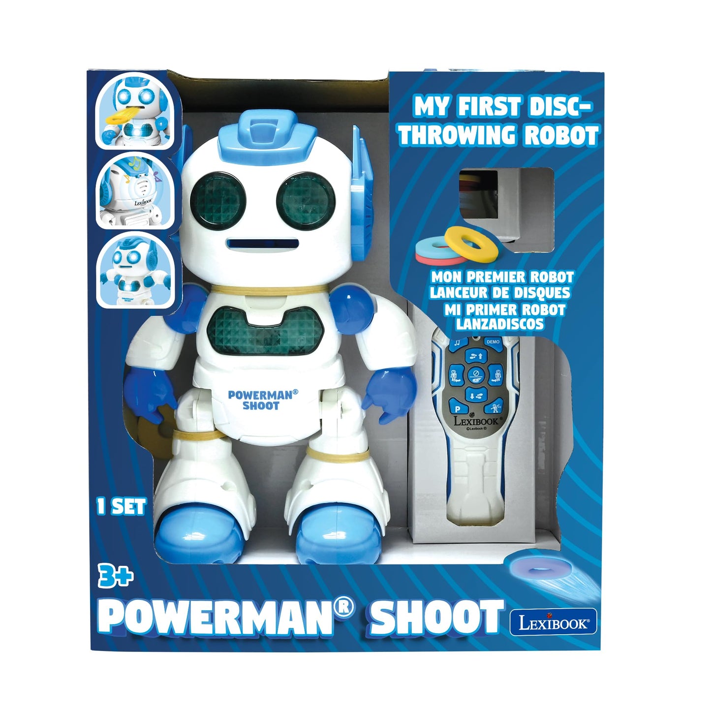 LEXiBOOK, Powerman Shoot - My First Throwing-disc Robot, Programmable Remote Control Robot, Plays Music and Dances, Sound and Light Effects, 12 Foam Discs, ROB17