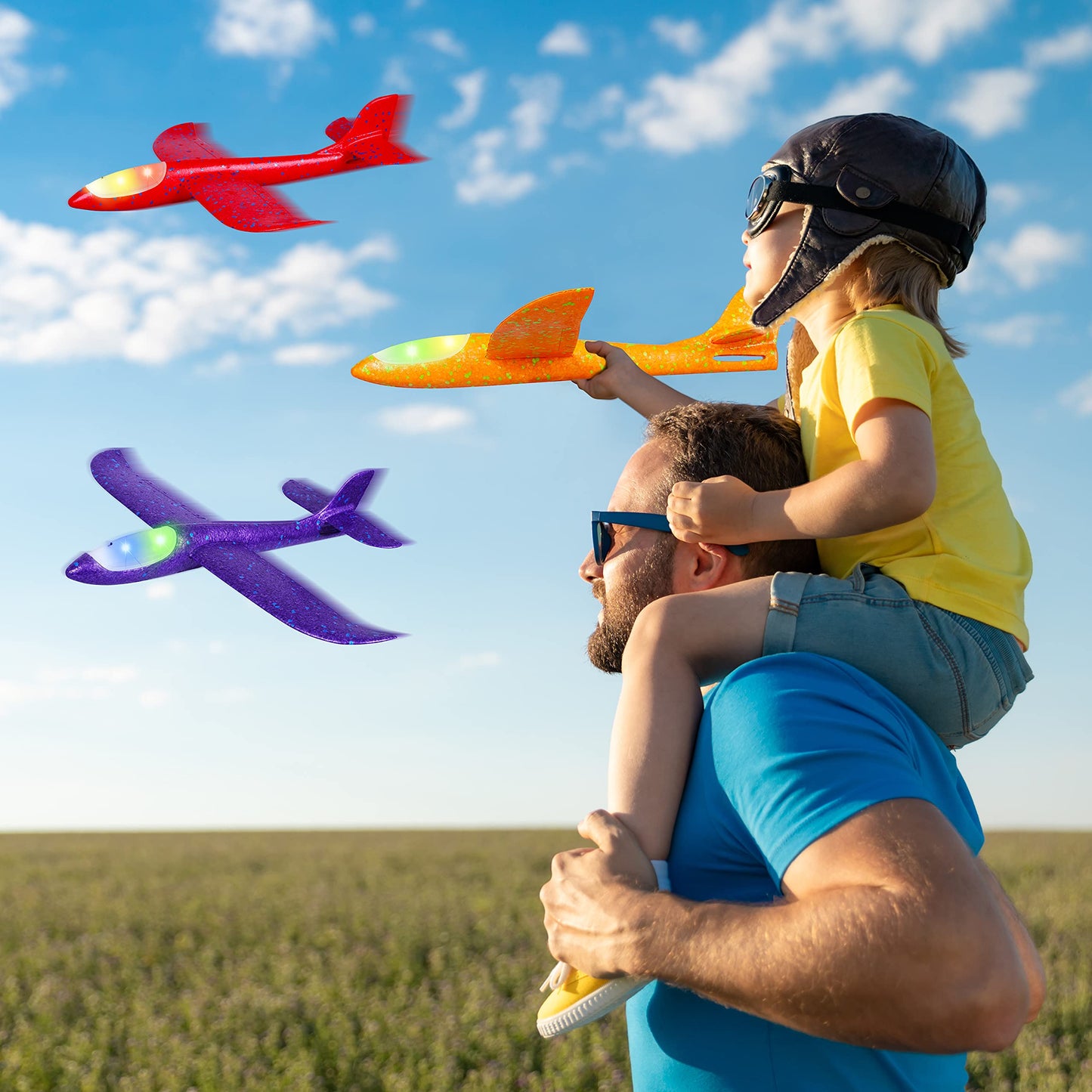 CUKU 4 Pack LED Light Airplane Toys-17.5" Large Throwing Foam Plane-2 Flight Modes Glider Plane-Outdoor Flying Toys for Kids-Flying Toys Gift for Boys Girls 3 4 5 6 7 8 9 Years Old