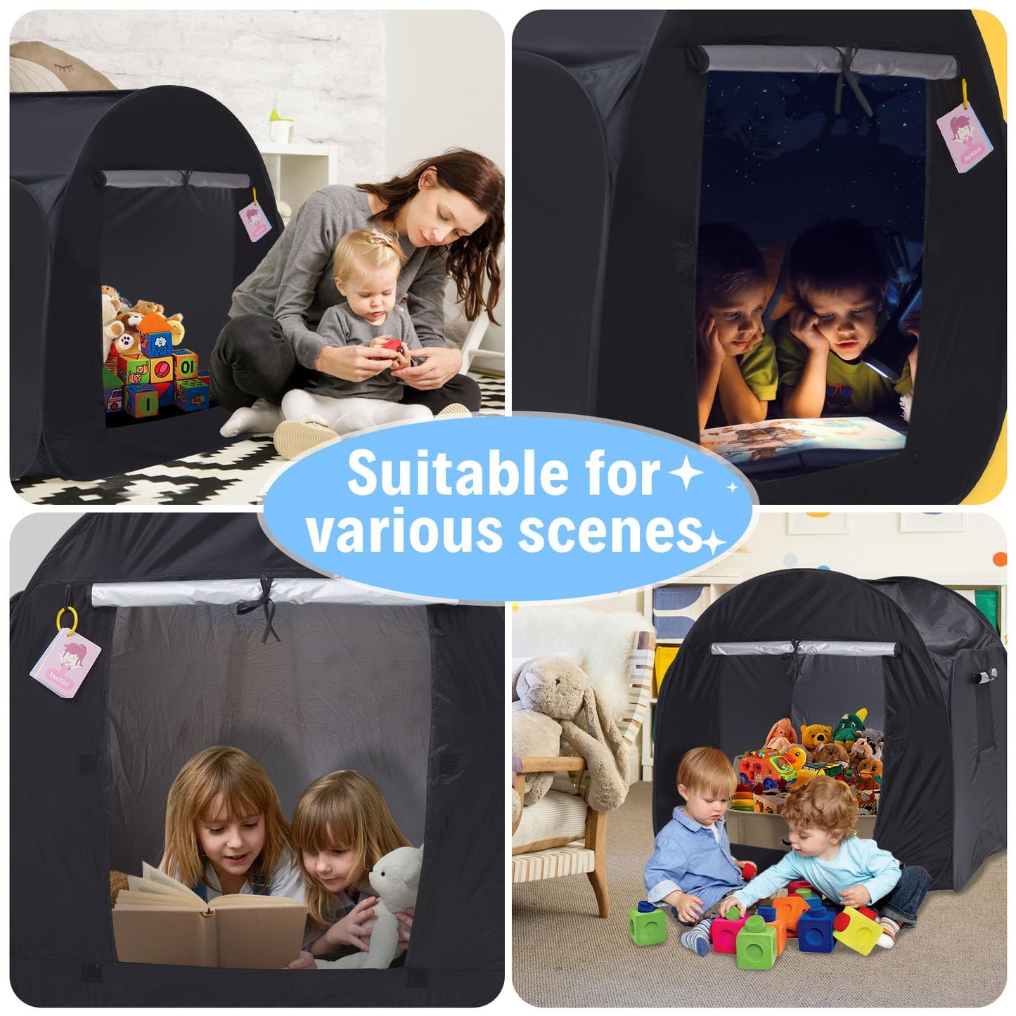 Kids Pop-up Sensory Tent, Foldable Blackout Tent for Children with Autism and ADHD, Calm Corner with Cognitive Toys Included, with Mesh Windows, Ideal for Kids with Special Sensory Needs