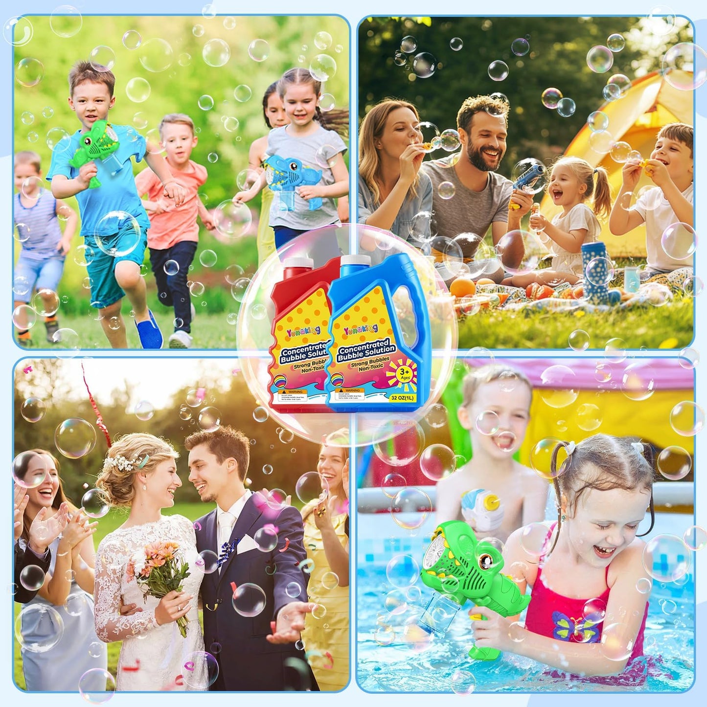 Yunaking Bubbles Solution Concentrated 64oz (Makes 5 Gallons), Non-Toxic Bubbles Refills for Bubble Machine, Gun, Wand, Mower, Giant Bubble Toys for Kids Parties Outdoor Easter Wedding(Red+Blue)
