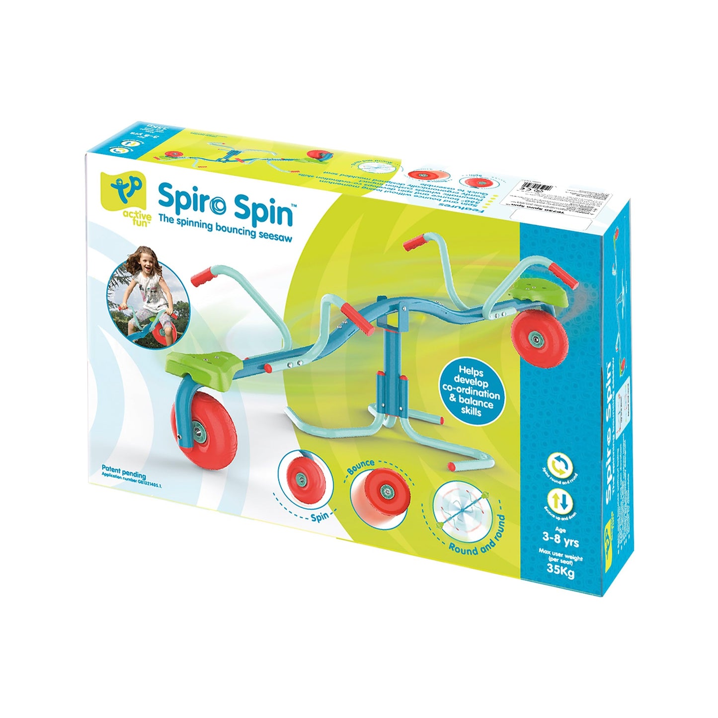 TP Toys Spiro Spin Teeter Totter - Bounces and Spins 360 Degrees, Blue/Green