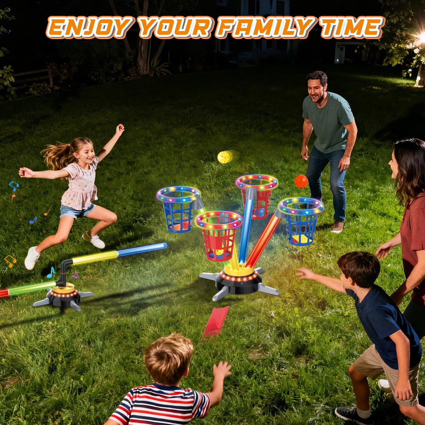 VATOS 3 in 1 Bean Bag & Ring Toss Game, Musical Jumping for Kids, Electric Spinning Base with Remote, Lights, 12 Sandbags, 12 Tossing Rings, 12 Balls, Indoor Outdoor Backyard Sport Toy for Boy Girl 3+