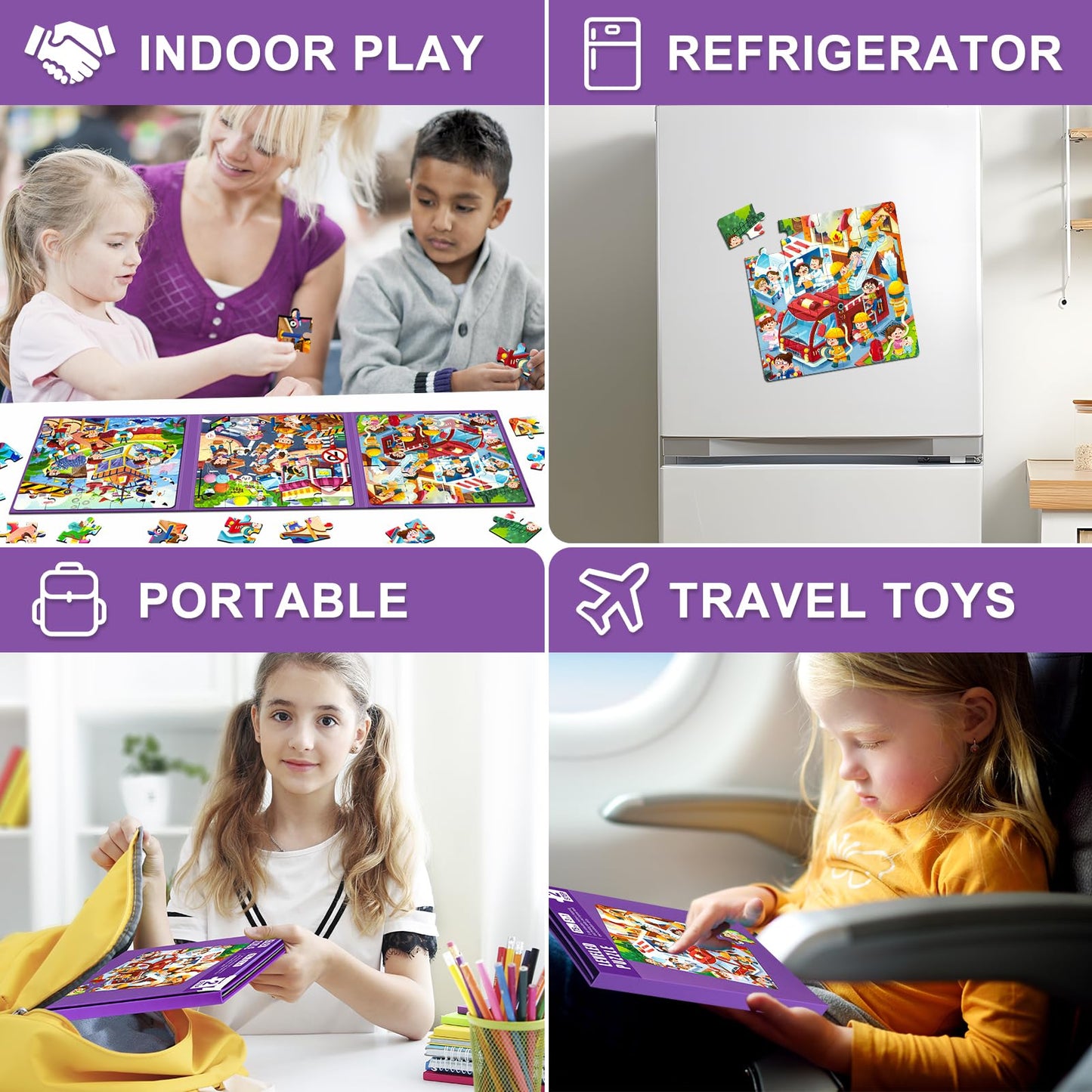 Magnetic Puzzles for Kids Ages 4-8, 3 in 1 Toddlers Cartoon Magnet Jigsaw Puzzle Book, Travel Toys, Preschool Learning Toy for Ages 3-8 (Purple Squad)