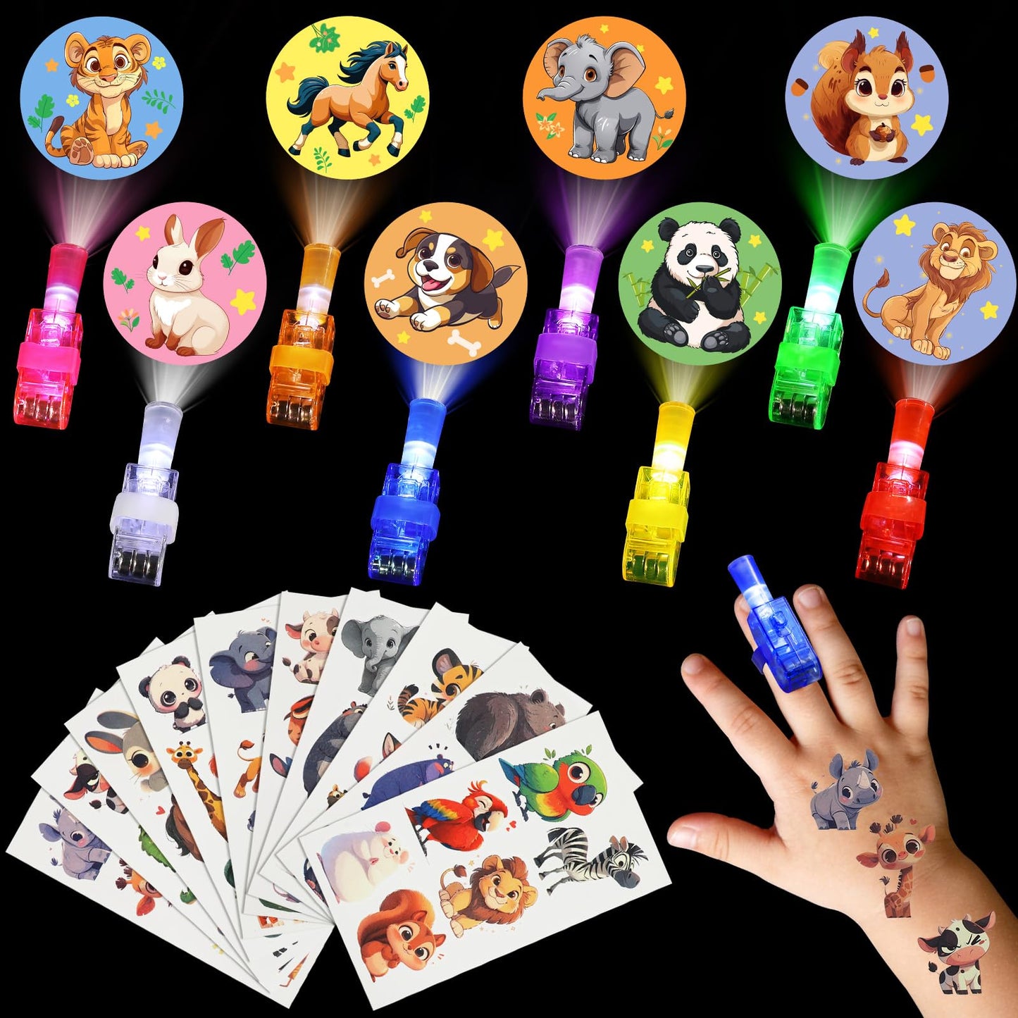 Mikulala 50 Pack Animal Party Favors, 40 Pcs Animal LED Finger Lights & 10 Pcs Temporary Tattoos, Birthday Gifts Goodie Bag Stuffers, Glow in The Dark Toys Bulk Classroom Prizes Party Supplies
