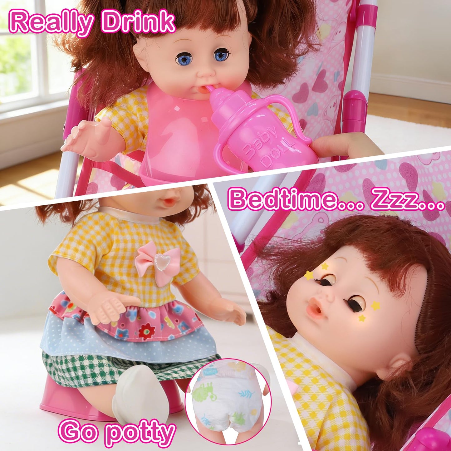 Learn2M Baby Doll Stroller Toy Set with Open & Close Eyes Interactive Doll (4 Sounds), Foldable Doll Stroller with Feeding Tray & Diaper Bag, 21 Pcs Accessories Pretend Play Toy for Toddlers 3-5