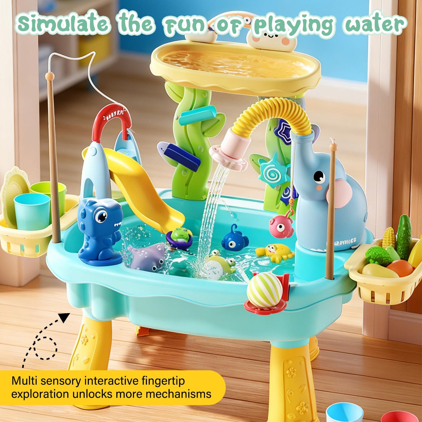 Lorveina 2027 Upgraded 4-in-1 Sand Water Table for Toddlers 1-3, Kids Sensory Table with Electric Water Pump & Cloud Faucet, Play Kitchen Sink with Food Accessories, Fishing Toy (Blue)