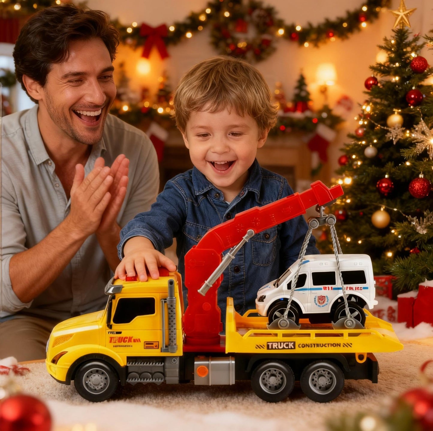DWIRCTOYS Toddler Boy Toys,Tow Truck Toy for 3 4 5 6 7 Year Old Boys,Friction‑Powered Rescue Tow Truck with Lights and Sounds,Birthday Gifts for Boys & Girls