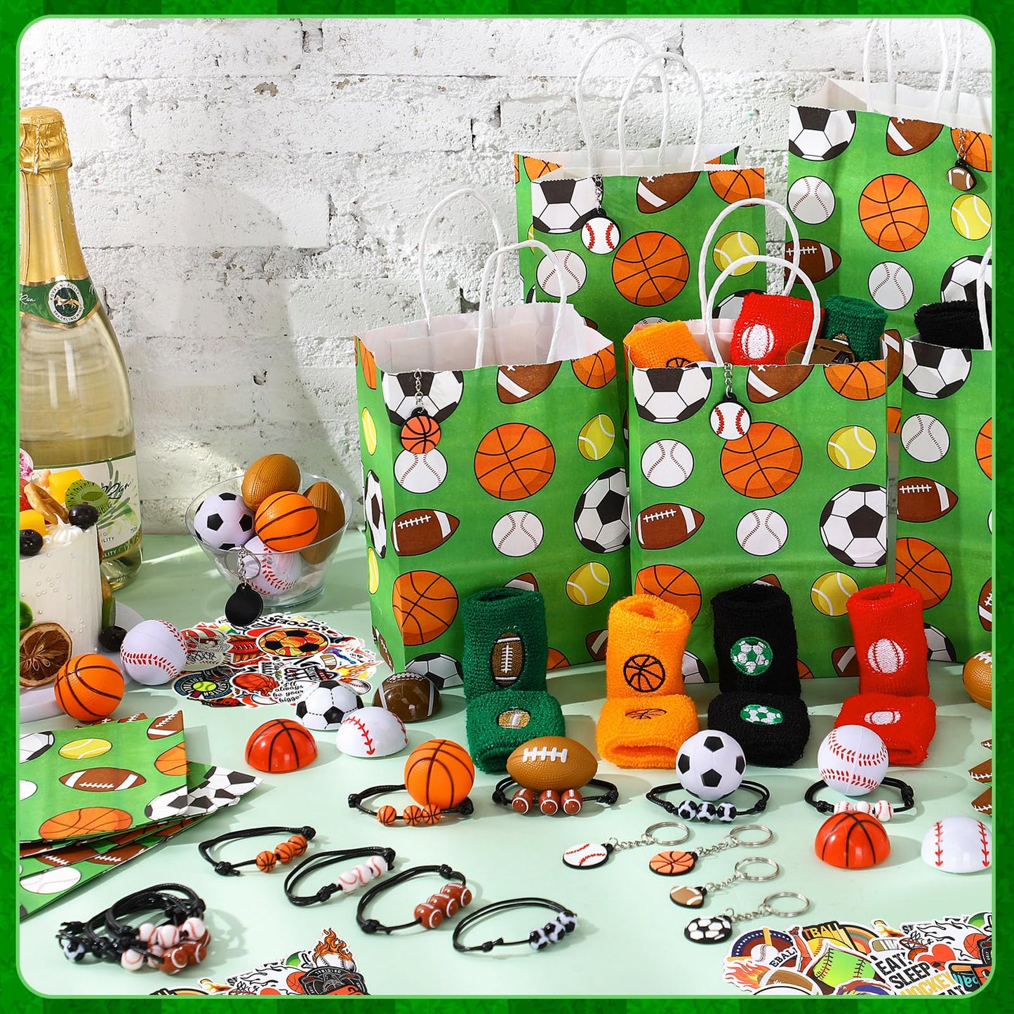 Aoriher 162 Pcs Sport Party Favors, Sport Gift Bag Fillers Foam Basketball Soccer Baseball Football Tattoo Stickers Keychains Sticker Charm Bracelets Wristband Pull Back Cars for Party Supplies