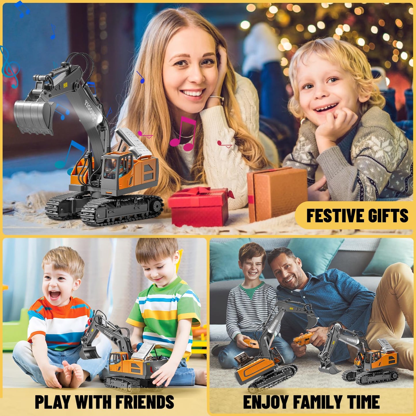 SJYN Remote Control Excavator Toy, 11 Channel RC Construction Digger with Metal Shovel, Lights & Sounds, 2.4GHz Rechargeable All-Terrain Excavator for Kids 3-14, Perfect for Sand, Dirt & Outdoor Play