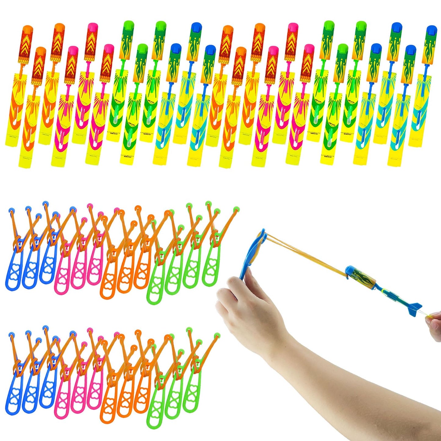 Bloolilies 50 Pcs LED Slingshot Flying Toys for Kids with 25Pcs Slingshots+25Pcs Glow Helicopters Glow in The Dark Rocket Launcher Outdoor Light Up Toys Birthday Gift Party Favors for kids 4-8 8-12