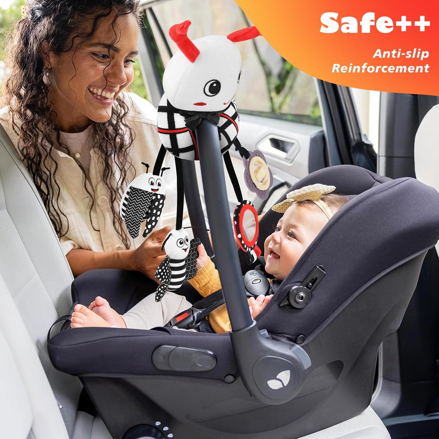 Zendstanding Car Seat Toys for Babies, 0-6 Months Stroller Activity Black White Baby Spiral Plush Toys Newborn High Contrast Sensory Carseat Toys with 4 Pendants Hanging Boys Girls Gift
