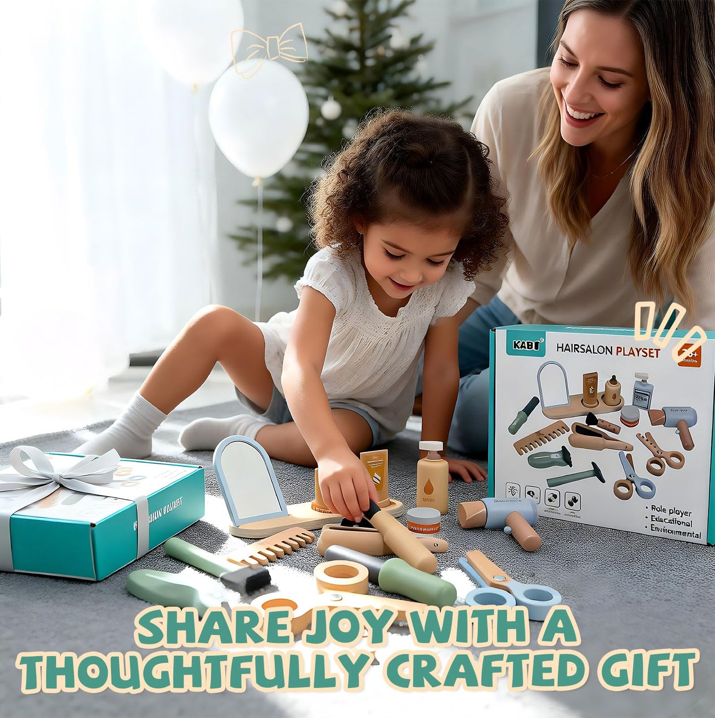 Wooden Makeup Toy Set -Hair Salon Toys - Kids Pretend Play -Beauty Salon Hair Kit - Functional Stylist Accessories with Hair Dryer Curling Iron - Christmas & Birthday Gift for Children