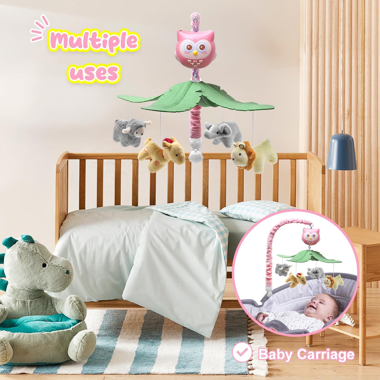 SUMWE Baby Crib Mobile with Music and Lights for Boys Musical Mobile Animals for Crib Bassinet Girls Toys Hanging Portable Safari Nursery Decor Pink