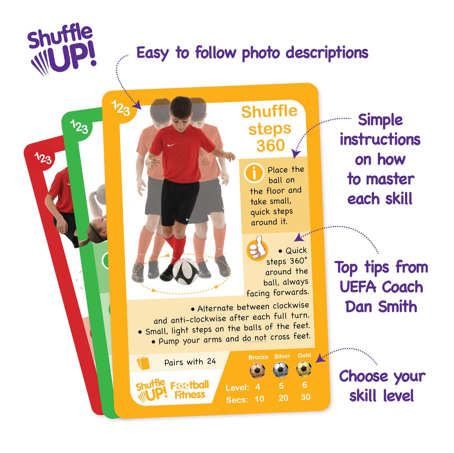 Shuffle Up Soccer Card Games - 70+ Fun & Active Skills Cards for Kids, Fitness Cards Develop Fundamentals, Stamina & Strength, Easy to Play for Kids | Multiple Skills Level Card Include 2 Dices