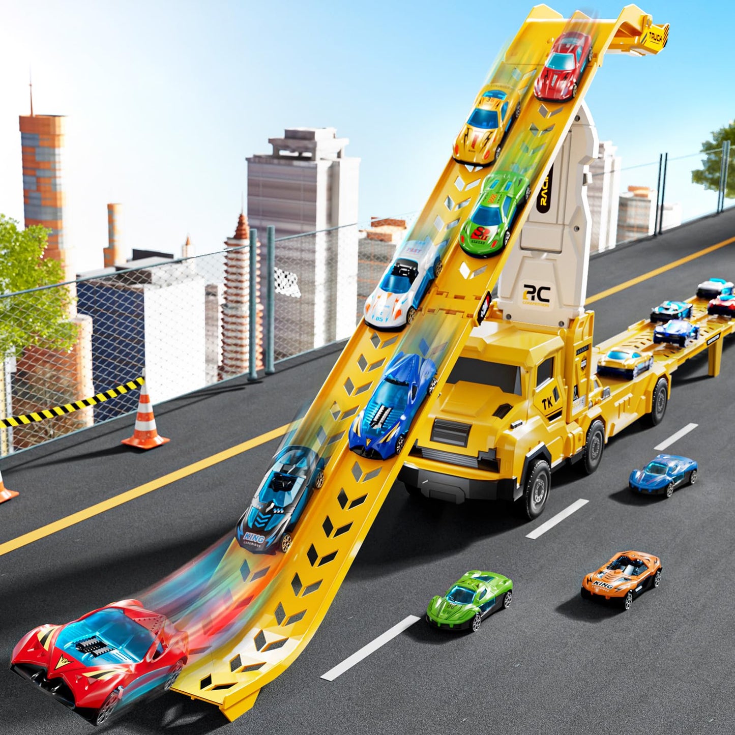 XINNOVEL Toddler Car Truck Toys for 3 4 5 6 7 8 Years Old Boys, Transporter Truck Toy Track Set with 12 Die-Cast Car Toys, Toy Gifts for 3 4 5 6 Year Old Boys Kids