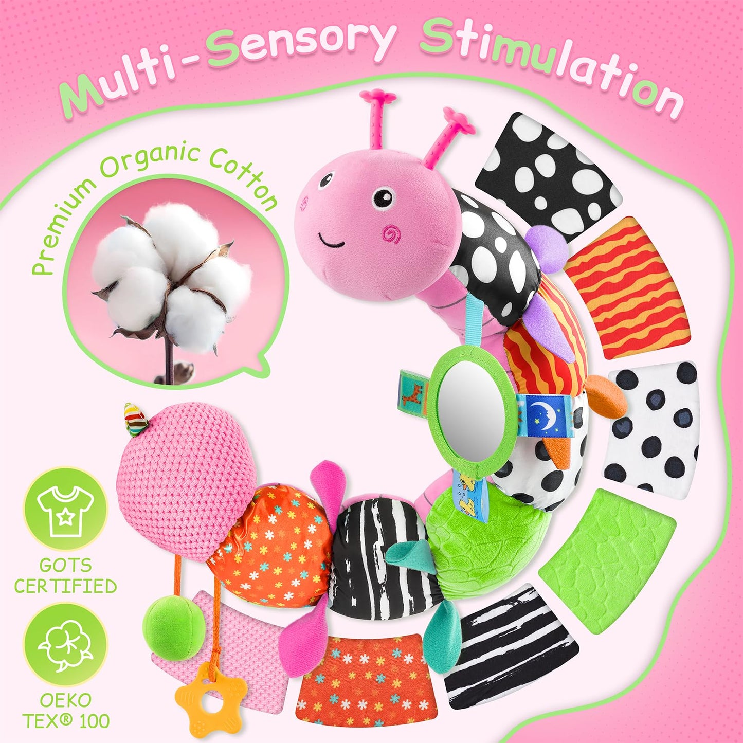 Tummy Time Baby Toys Sensory Musical Animal Stuffed Car Seat Toy for Infant 0-3-6-12 Months Newborn, Plush Caterpillar with Mirror,Crinkle,Rattle Teething Toys for Baby Boys Girls Shower Gifts, Pink