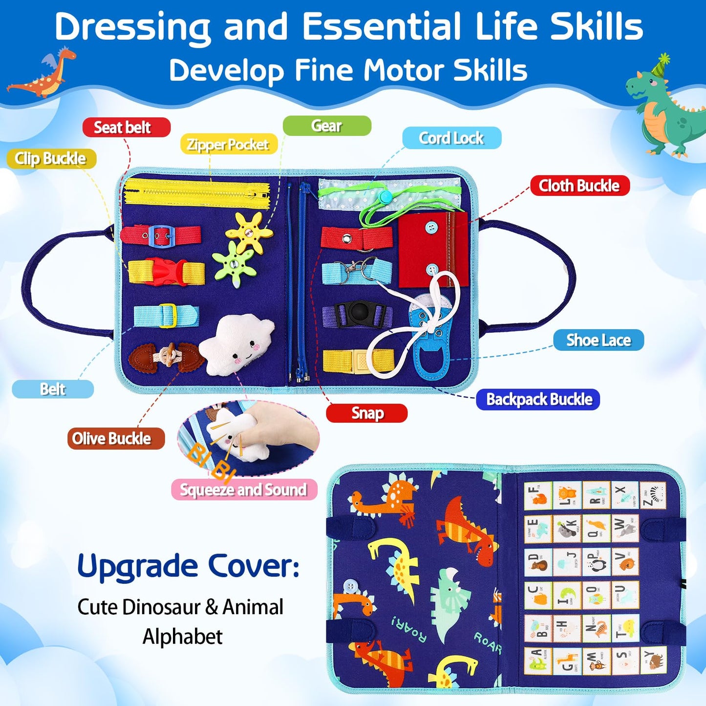 Esjay Toddler Busy Board Montessori Toys for Boys, Sensory Book Educational Activities for Learning Fine Motor Skills, Birthday Gifts for Boys Toddlers, Travel Toys for Airplane Car, Blue Dinosaur