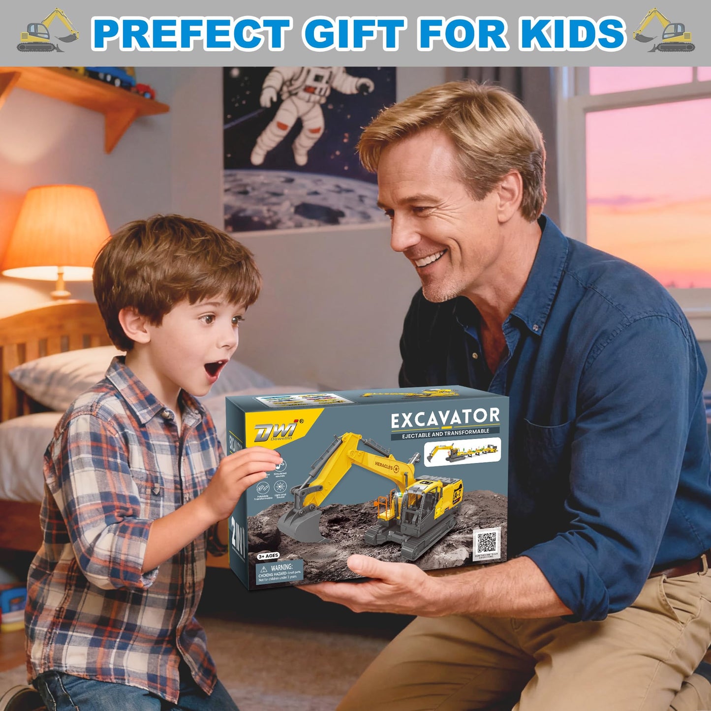 Dwi Dowellin Toys for 3 Year Old Boys,Excavator Toys for Kids with 6 Metal Racing Cars and 2 Engineering Vehicle,Foldable Ejection Vehicle with Lights & Sound for 3 4 5 6 7 Years Old Gifts