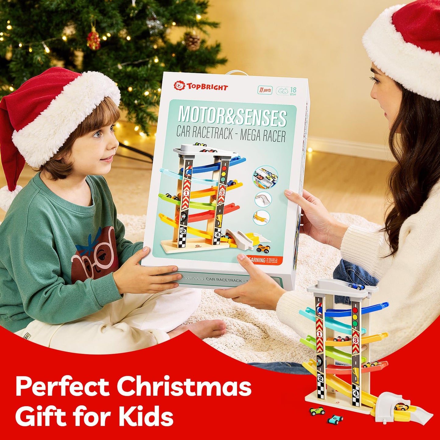 TOP Bright Wooden Race Track Car Ramp Toys for Toddlers 1-3 Years Old with 6 Mini Cars, 1 Car Garage & Extra Bridges, Toddler Montessori Toys for 1 Year Old Boys Girls Birthday