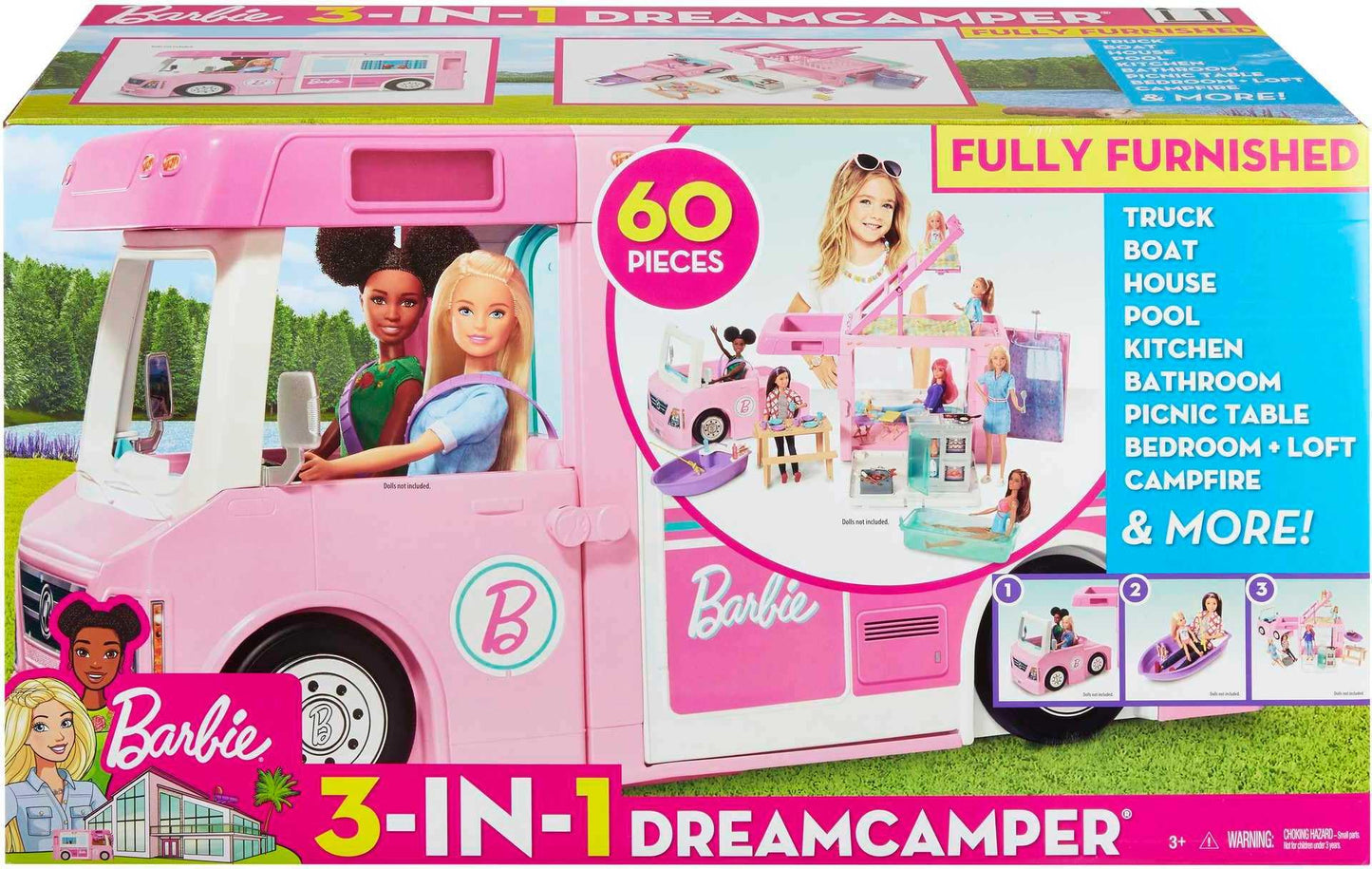 Barbie 3-in-1 DreamCamper Vehicle, Approx. 3-ft, Transforming Camper with Pool, Truck, Boat and 60 Accessories, Makes a Great Gift for 3 to 7 Year Olds