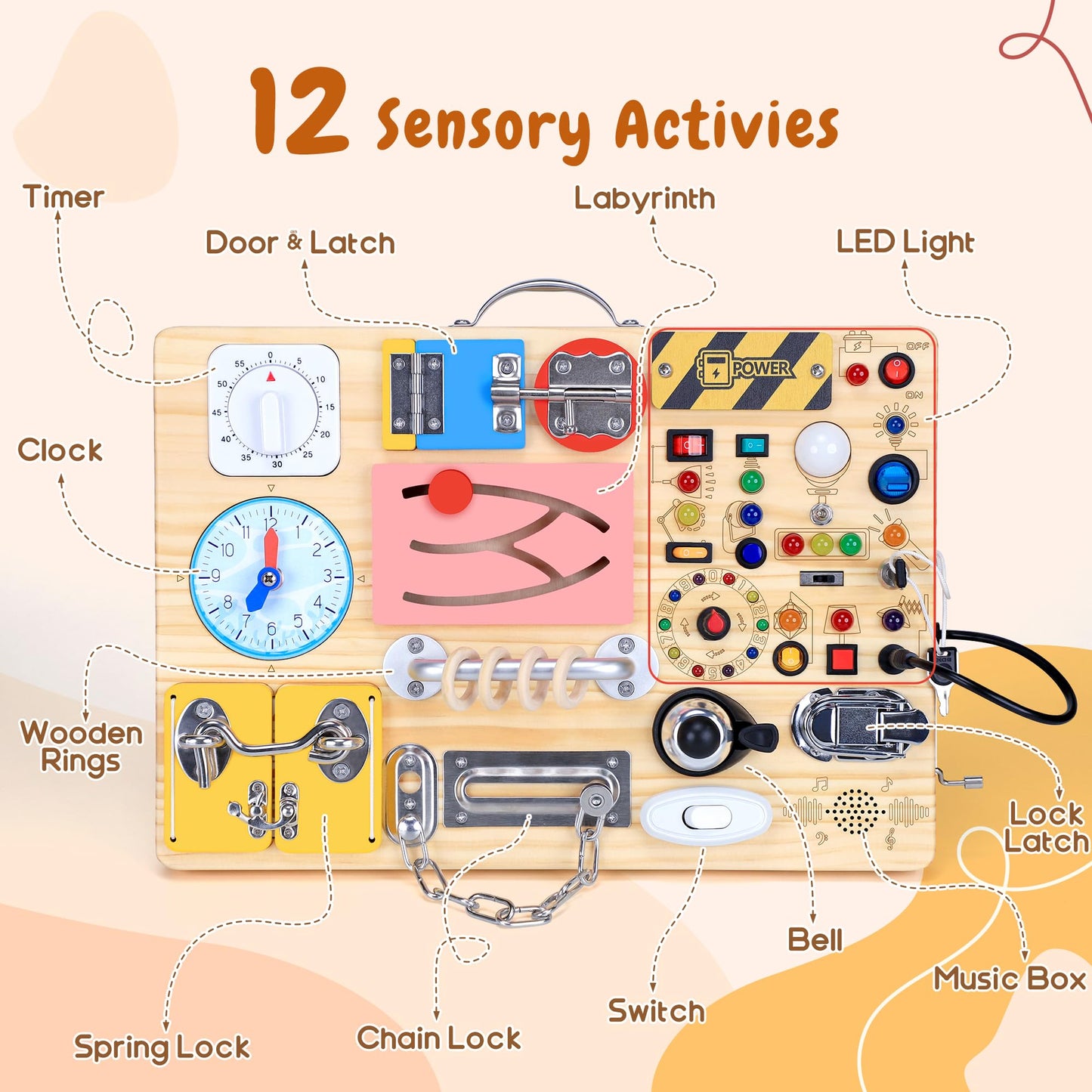 25 in 1 Busy Board with 13 LED Light Switches and 12 Activity, Montessori Toys for 1 2 3 Years Old, Wooden Sensory Board, Toddlers Travel Toys for 1+ Year Old Boy & Girl Birthday Gift(Extra-Large)