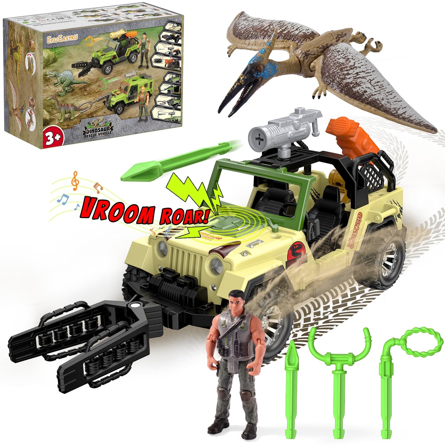 EKU Dinosaur Toys Truck with Human, 10 Realistic Sounds, 15ft Launch, Capture Net, Clamp, Wing Flapping Quetzalcoatlus Dino for Jurassic World Role Play Adventure Rescue Set Birthday Gift for Kids 3+