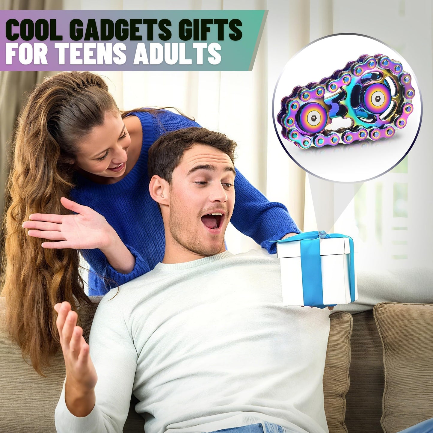 Metal Fidget Spinner Toys for Teens Boys Adults Bike Chain Roller Gadgets ADHD Figette Anxiety Stress Relief Items Quiet Figet Desk Offices EDC Men Easter Basket Stuffer - Rainbow+Blue